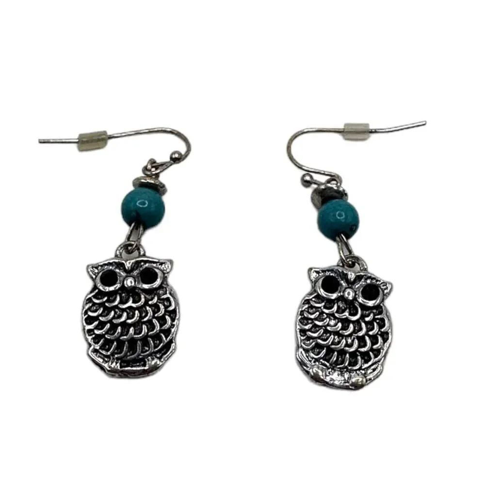 Owl statement Earrings silver and green